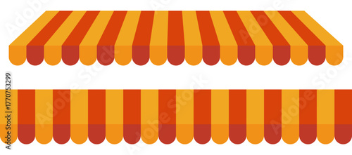 Striped awnings with scalloped edges for retail shop design. Store roof tent in orange, red, yellow colors. Vector seamless pattern of cafe tent with stripes isolated on transparent background