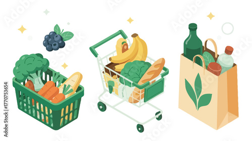 A grocery basket, shopping cart, and bag are filled with fresh food items.