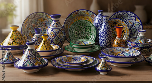 Exquisite handcrafted Moroccan ceramics displayed elegantly on a wooden table, perfect for culinary presentations and design projects