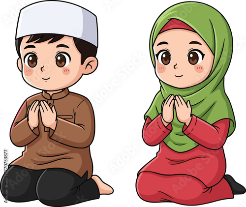 Cartoon Muslim children praying, peaceful devotion moment, Islamic tradition, cultural attire, spiritual practice, vector illustration, flat design, hijab girl, boy in cap, religious concept