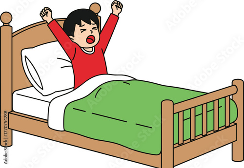 Cartoon person waking up, morning stretch in bed, yawning character, sleep routine, cozy bedroom, lifestyle concept, vector illustration, flat design, healthy habits, wake up moment