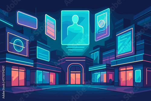 Futuristic plaza technology marks shapes neon geometric vector facades typography style icon