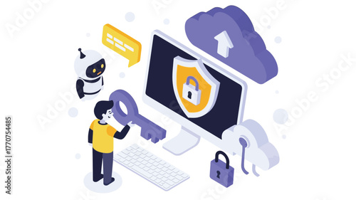 A person uses a key to access secure digital cloud storage and data protection.