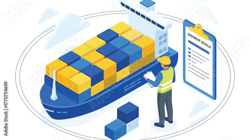 A worker supervises the loading of shipping containers onto a large cargo ship.