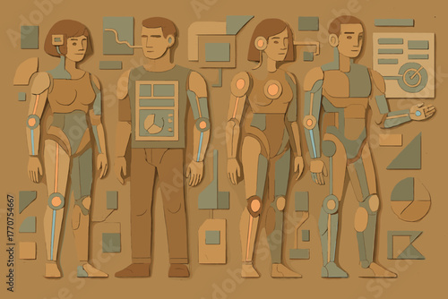 Humans cybernetic technology neon bubbles no labels fusion aesthetics icon vector text