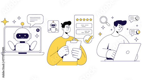 People interacting with technology and artificial intelligence for customer service and reviews.