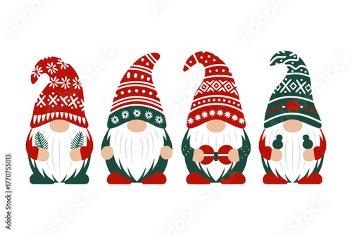 Scandinavian Folk Art Christmas Gnomes Vector Set | Nordic Pattern Illustration