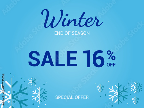16% off sale banner. Sixteen percent special offer. Winter sale banner. Winter End of Season Sale Background Design. Vector Template for advertising, web and social media.