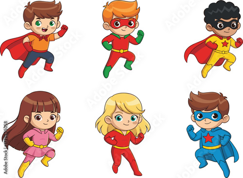 Cartoon superhero children, diverse costumes and capes, action poses, imaginative play, childhood empowerment, vector illustration, flat design, teamwork concept, colorful outfits, heroic kids