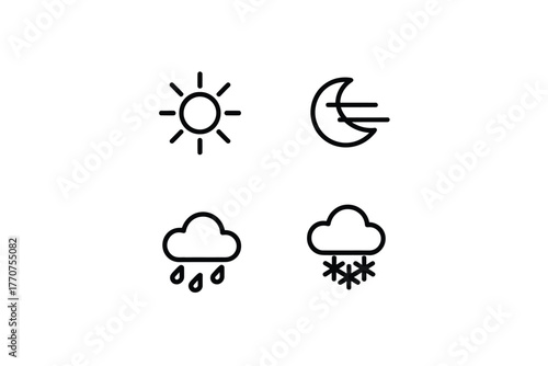 Weather forecast icons depicting sun, wind, rain, and snow.