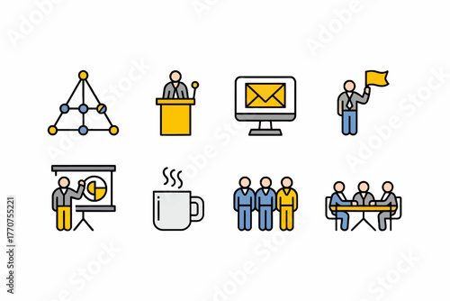 Colorful Business and Presentation Icons Representing Teamwork Communication and Strategy in the Workplace