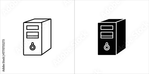 Illustration of a computer tower, showcasing both a line art version and a solid black version