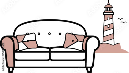 Cozy sofa placed in front of a scenic lighthouse view, evoking comfort and adventure