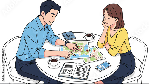 Cartoon travel planning scene with map, smartphone, coffee cups, itinerary discussion, couple at table, vector illustration, tourism concept