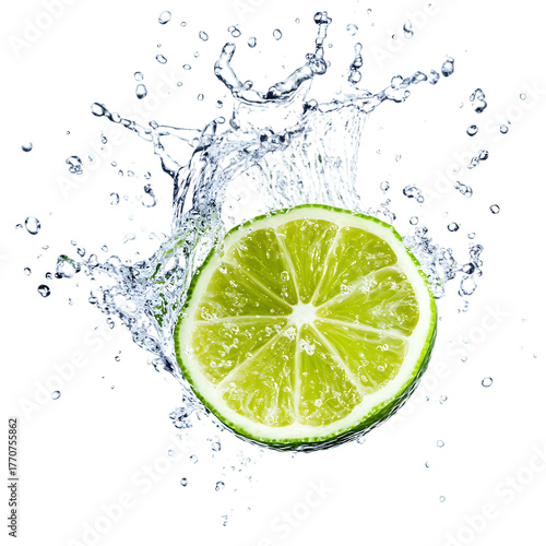 Fresh lime slice splashes water dynamic refreshing citrus fruit splash motion isolated on transparent background