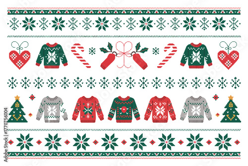 A festive pattern of Christmas sweaters, candy canes, and hearts in a pixelated style.