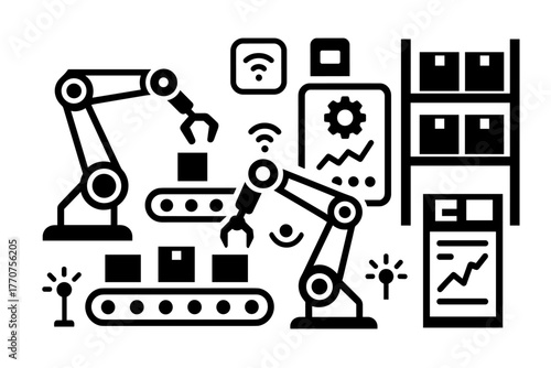 Vector art automation warehouse smart icon geometric minimalism panels industrial sensors design