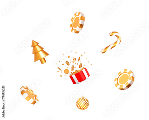 3d flying gold casino chips with golden Christmas elements. Stock vector illustration on isolated background.