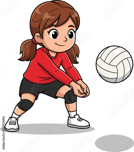 Cartoon, girl, playing, volleyball, in, athletic, stance, red, shirt, black, shorts, knee, pads, white, shoes, bumping, ball, dynamic, sports, vector