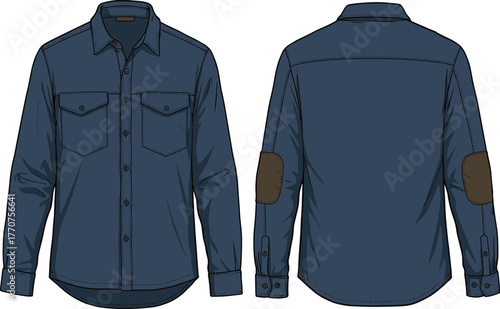 Dark Blue Denim Shirt Front and Back View with Elbow Patches, Chest Pockets, Button Closure, Fashion Garment Technical Illustration