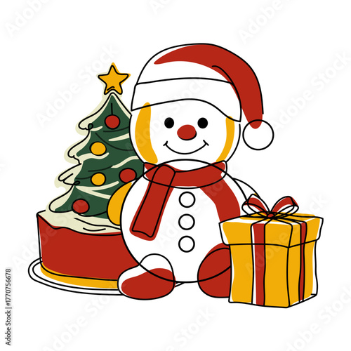 cute smiling snowman selfie and gifts drawn with lines with colored accents isolated on white