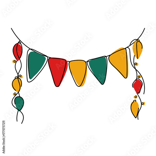christmas garland with tree decorations, flags and lanterns, line art postcard