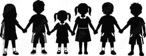 Children silhouette vector set, kids holding hands, unity and friendship illustration, black clipart, diverse group, childhood bonding scene