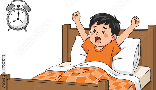 Child waking up, morning routine, stretching in bed, early school time, cozy blanket, alarm clock, sleepy face, bedroom interior, sunrise light, peaceful moment