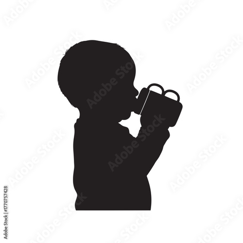 Silhouette of a baby drinking from a cup isolated on white background