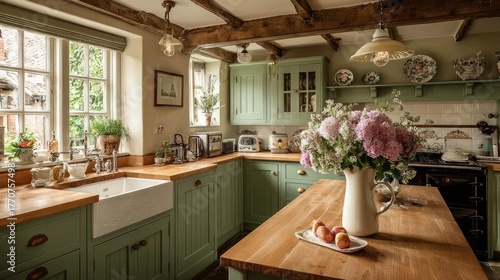 Rustic cottage kitchen with green cabinets and floral decor