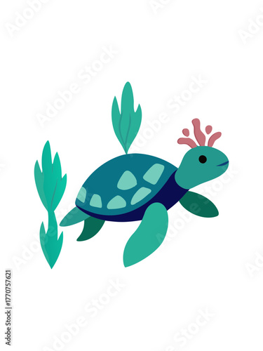 Charming cartoon sea turtle swimming gracefully amidst vibrant green underwater plants on a black background