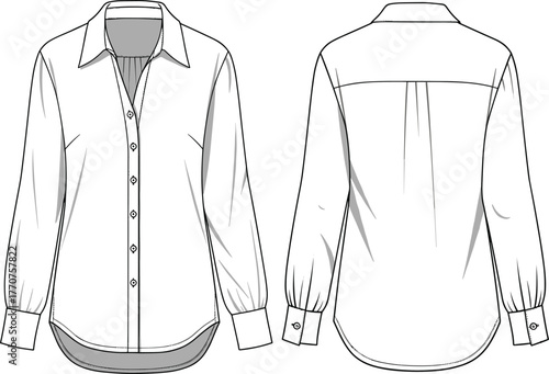 Technical fashion flat of women's button-up blouse with collar, cuffs, pleat, yoke, curved hem, front and back views.