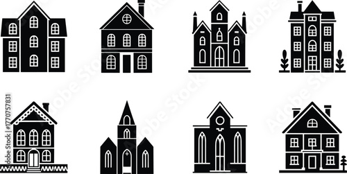 Collection of gothic haunted house silhouettes set with spooky mansion architecture and creepy abandoned buildings for Halloween horror design