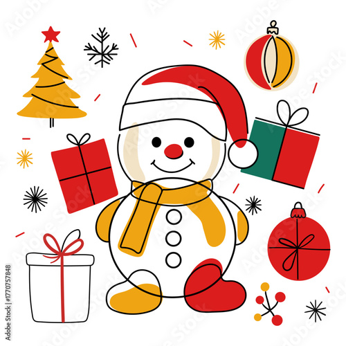 Hand drawn Merry Christmas vintage card set. Xmas design with Christmas tree, bows, gifts, snowflakes. Minimalist posters in cute line style.