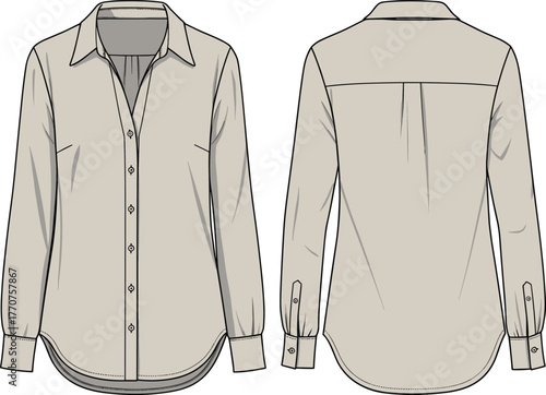 Technical fashion flat of women's long sleeve button-up shirt with collar, cuffs, yoke, pleat, front and back views.