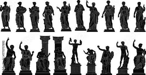 Classical statue silhouettes, Greek Roman figure icons, ancient art vector, mythological sculpture clipart, toga pose design, historical illustration set