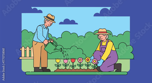 Elderly couple tending to colorful flowers in a vibrant garden on a sunny day.
