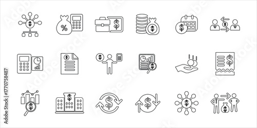 accounting isons set. accountant, business firm, budget, money management, money flow, financial audit, financial statement and more. simple line vector