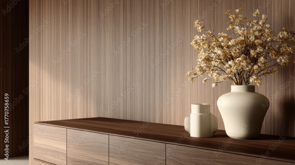 Fototapeta premium Elegant interior scene featuring a wooden cabinet with decorative vases and dried flowers in soft lighting