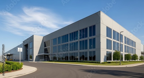 Exterior facade of a modern gray corporate office building with large glass windows under a clear blue sky