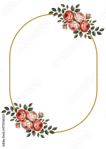 Oval frame adorned with peach and pink roses at the top and bottom on a transparent background