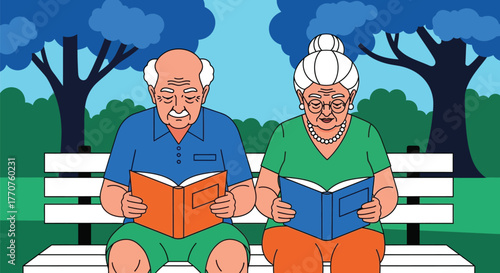Elderly couple enjoying a peaceful moment reading books on a park bench under lush trees.