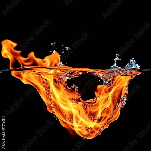Flame and Water: A dynamic scene of fire meeting water, showcasing the raw power of elemental contrast. capturing the visual dance and a stark contrast on a pitch-black background.
