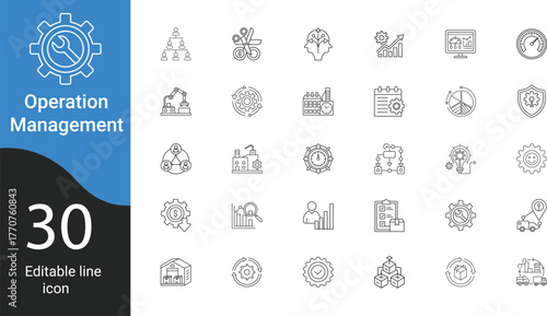 Business Operation Management Editable Line Icons Set. Production, logistics, supply chain, automation, efficiency, and optimization vector symbols.v