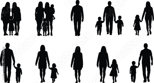 Family silhouette set, adults and children, diverse groupings, black vector, parenting concept, walking pose, social bond, lifestyle icon, togetherness