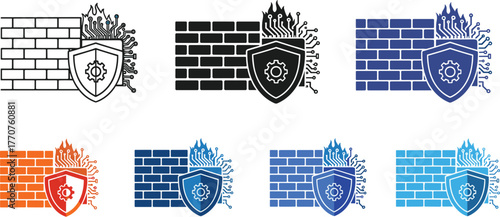 Firewall security icons featuring brick walls, shields, and digital elements, representing network protection