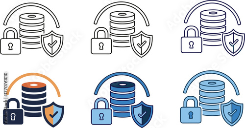 Set of icons representing data security, including stacked databases, a padlock, and a shield, in various styles and colors on a
