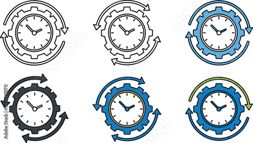 Clock icons with surrounding gears and arrows, symbolizing time management and processes, presented in different outlines and color variations on a