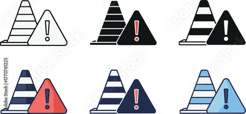 Set of six traffic cone icons with warning signs, each in a different color scheme and style