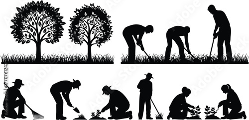 Gardening silhouette vector set, people planting and watering, nature activity illustration, black clipart, eco lifestyle, outdoor garden work